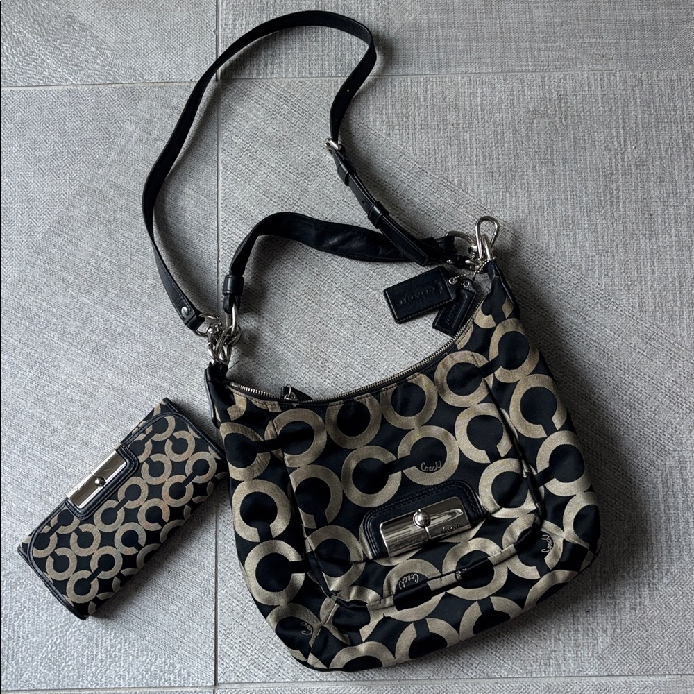 COACH KRISTIN Black and Gray HOBO BAG & Wallet